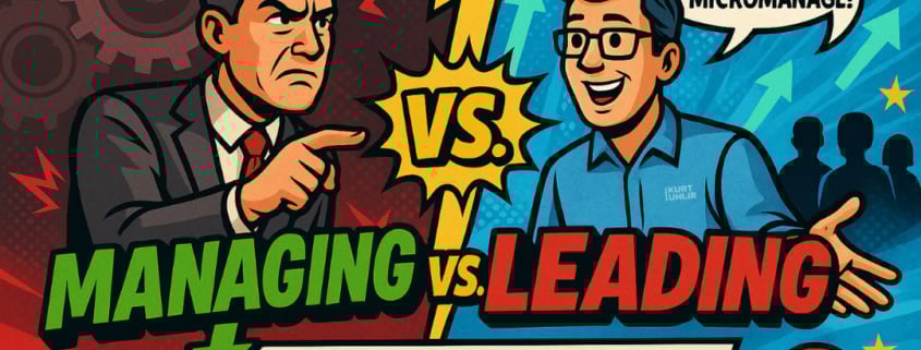 A comic-style image shows an angry man in a suit labeled "Managing" arguing with a smiling man in glasses and a blue shirt labeled "Leading"—demonstrating how high-performing companies focus on empowering others. Banner reads "Servant Leadership In Action." Watch Now.