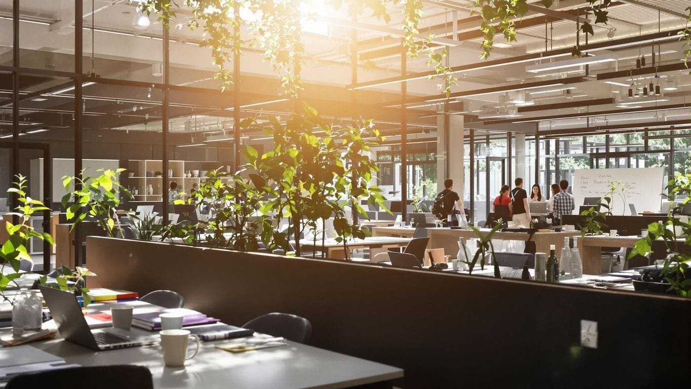 Modern open office with team collaborating and sunlight.