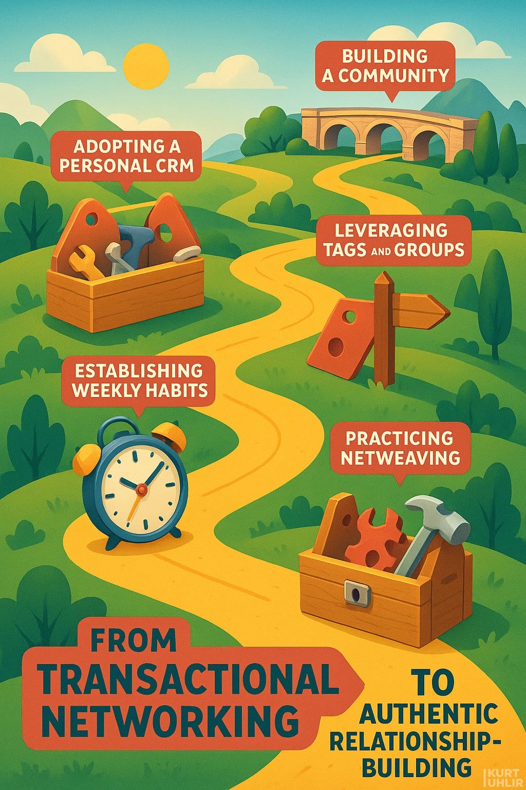 A winding path leads from “Transactional Networking” to “Authentic Relationship-Building,” with icons and labels: toolbox (personal CRM), clock (weekly habits), key and tags (leveraging groups), toolbox (netweaving), and bridge (community).