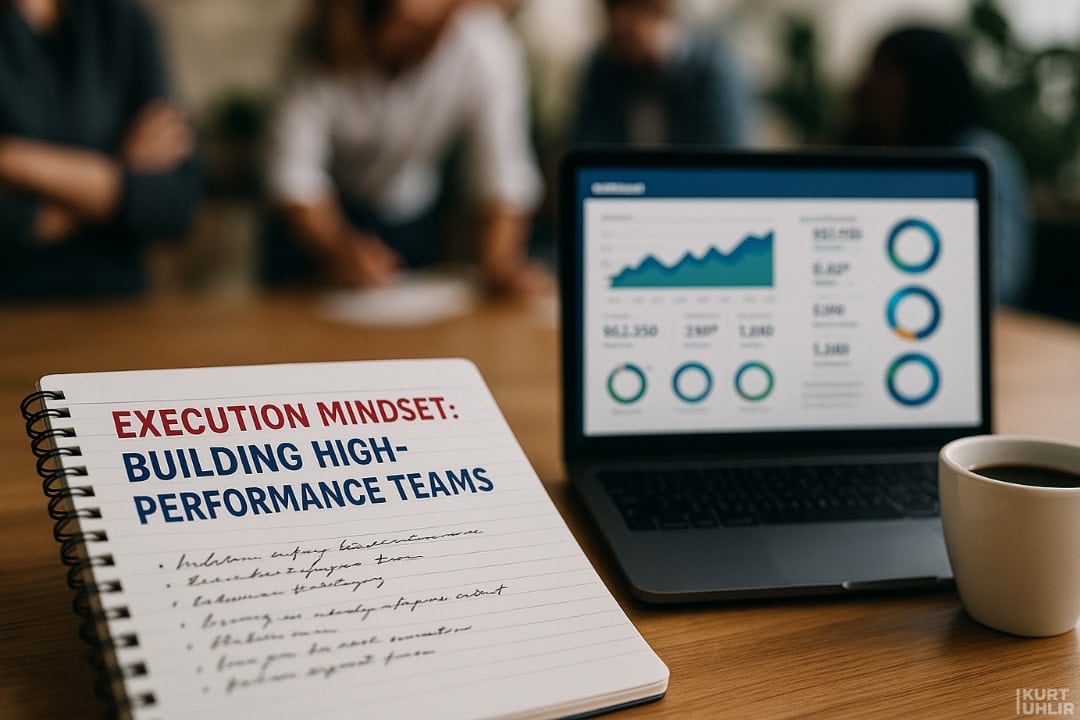 A notepad titled "EXECUTION MINDSET: BUILDING HIGH-PERFORMANCE TEAMS" with handwritten notes sits next to an open laptop displaying charts and graphs. A cup of coffee is nearby; blurred people are meeting in the background.