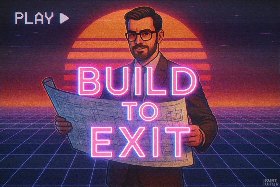 A man in a suit holding blueprints stands in front of a retro sunset with gridlines. Neon pink text reads “BUILD TO EXIT.” The image has a VHS effect, with a “PLAY” symbol in the top left, evoking an 80s aesthetic.