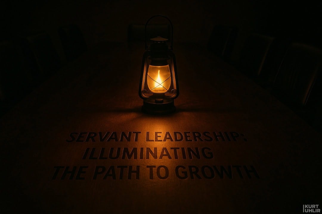 A lit lantern sits on a dark conference table, casting a warm glow. Words on the table read, "SERVANT LEADERSHIP: ILLUMINATING THE PATH TO GROWTH." Dimly lit chairs surround the table, emphasizing the lantern as the central light source.
