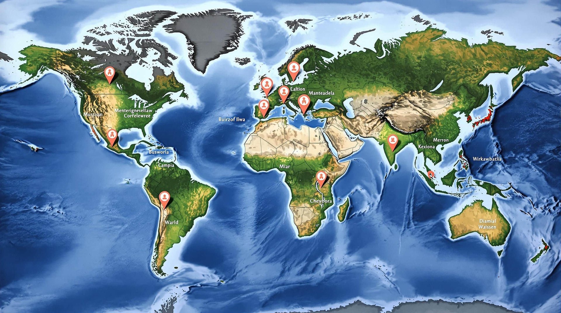 World map with markers in seven major cities