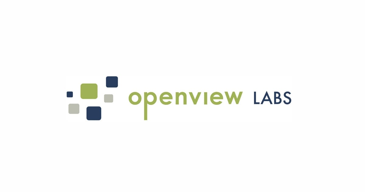 The OpenView Labs logo features the words "openview LABS" with "openview" in light green and "LABS" in dark blue. To the left are four overlapping squares in green, blue, and gray tones, arranged in a loose grid pattern. The background is white.