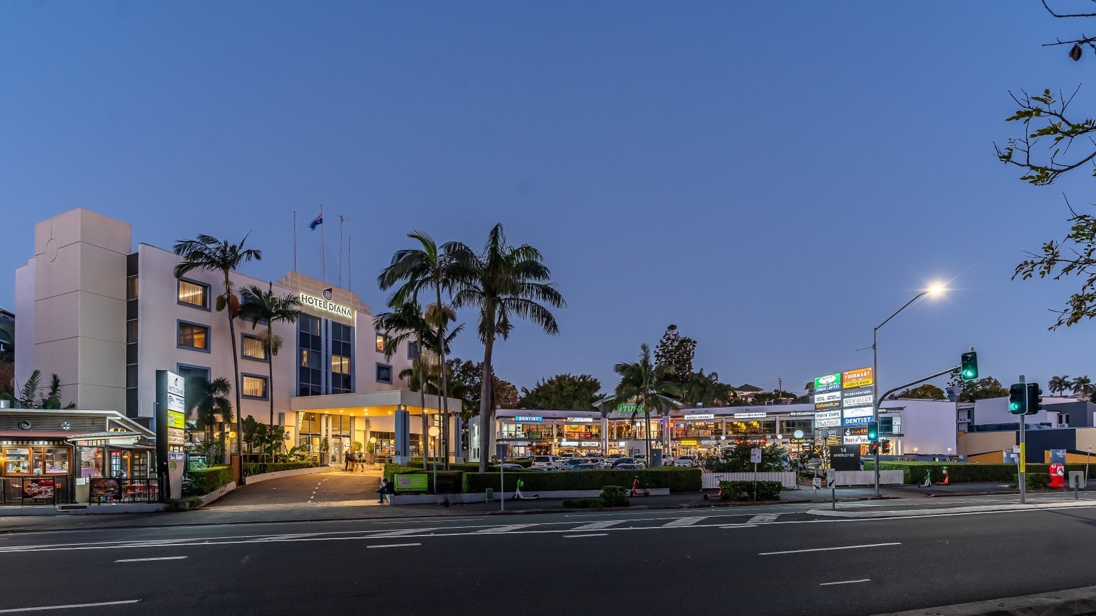 Hotel Diana Woolloongabba and the Princess Plaza at night