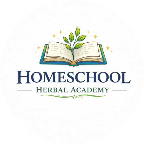 Junior Herbalist Course Open book with herbs and plant illustrations, promoting homeschooling herbal studies.