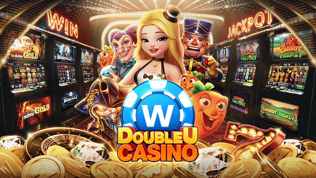 Animated characters celebrating a win at DoubleU Casino with a cascade of golden coins.