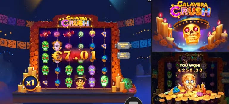 Colorful display of the Calavera Crush slot game, with vibrant sugar skull symbols and a celebratory win animation.