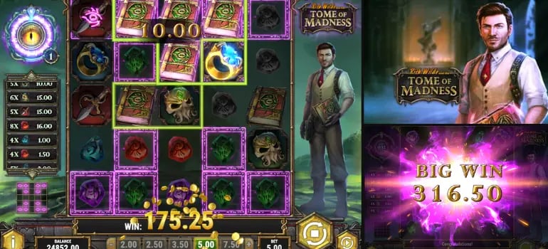 Intricate gameplay graphics of Rich Wilde and the Tome of Madness slot, featuring mystical symbols and a big win animation.