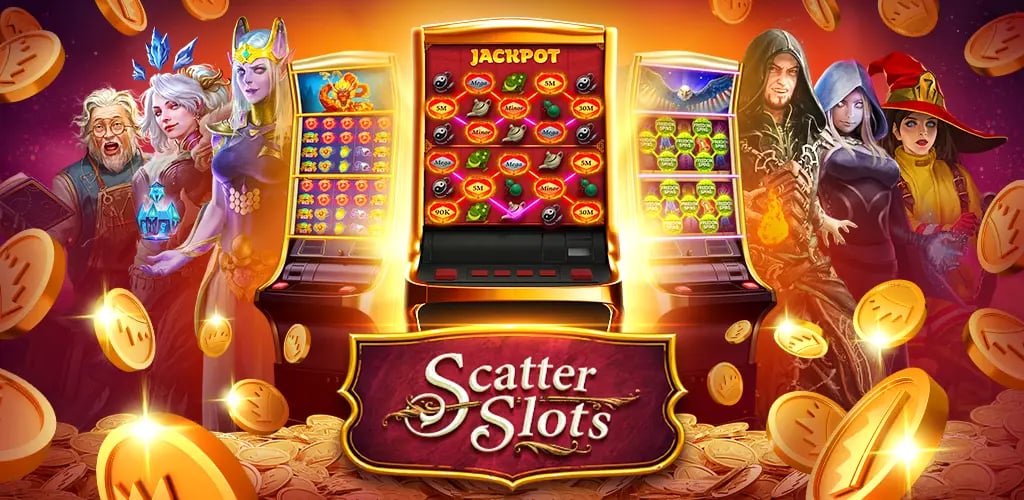 Fantasy characters surround a slot machine with glowing coins in Scatter Slots.