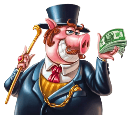 Illustration of an affluent pig character dressed in a formal suit with a top hat and cane, holding a bundle of cash, symbolizing high limit play in free slot machine games.