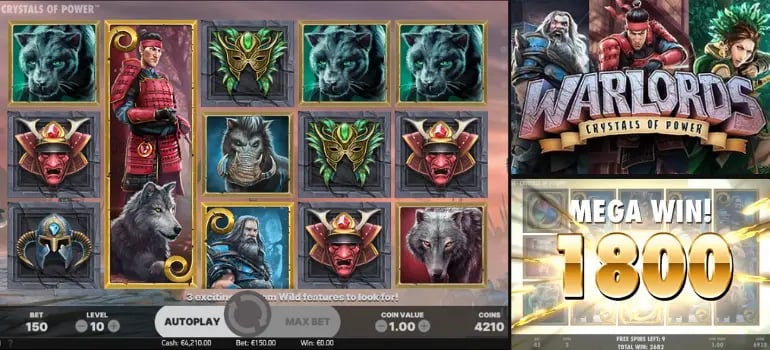 The screen of Warlords: Crystals of Power slot game featuring warrior symbols, wilds, and a 'Mega Win' animation.