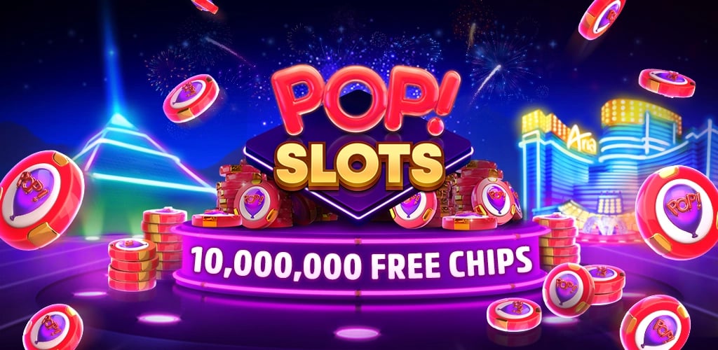 Bright and colorful 'Pop! Slots' promotional banner with neon lights and 10,000,000 free chips offer.