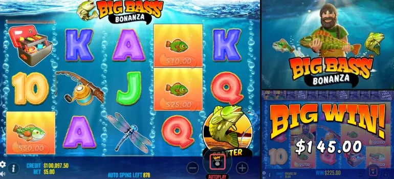 Exciting moment in the Big Bass Bonanza slot game with a big win announcement and high-value symbols on display.