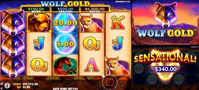 Screen capture of Wolf Gold slot game by Pragmatic Play, showcasing wild symbols, jackpots, and a sensational win message.