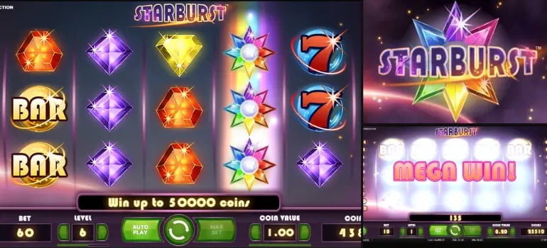The vibrant reels and dazzling win interface of the Starburst slot machine game, featuring bright gem symbols and a 'MEGA WIN' notification.