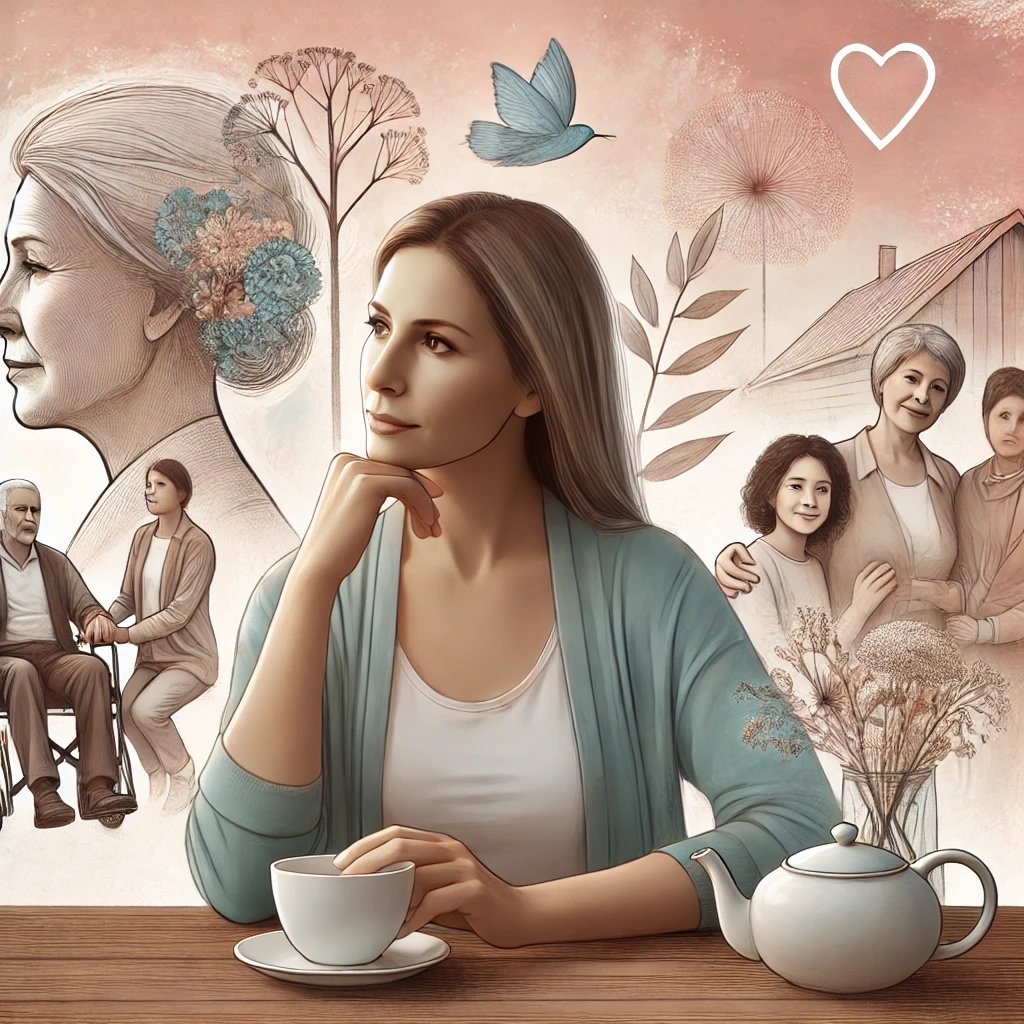 A woman reflecting on family and generational relationships while drinking a cup of tea.