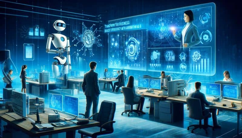 Transform Your Business: Boost Efficiency with Automation and AI 1 Office with futuristic technology, including holographic screens and a humanoid robot doing automation, with people working at computer stations engaged in various tasks, seamlessly enhanced by automation.