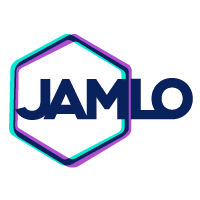 Logotipo con la palabra “JAMLO” en letras azules en negrita, encerrado en un hexágono delineado con líneas verde azulado y morado, capturando la esencia de una agencia de marketing líder en México.