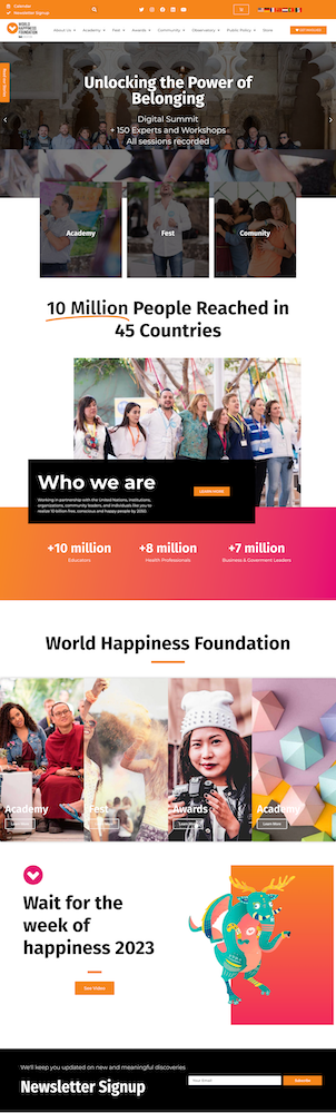 La página de inicio de la fundación mundial de la felicidad.