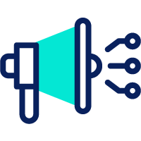 Ícono de un megáfono azul con ondas sonoras representadas por líneas, que indican amplificación o transmisión de sonido.