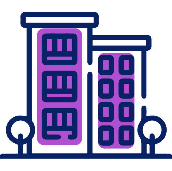 Una ilustración simple de una estructura de dos edificios con colores violeta y azul, acompañada por dos pequeños árboles en la base, captura perfectamente la esencia de los anuncios efectivos de Facebook.