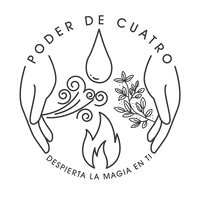 Logotipo con texto "Poder de Cuatro" en la parte superior y "Descubre la Magia en Ti" en la parte inferior. La ilustración incluye dos manos rodeando símbolos de viento, agua, fuego y tierra.