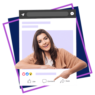 Imagen de una mujer señalando la página de Facebook de una agencia de marketing.