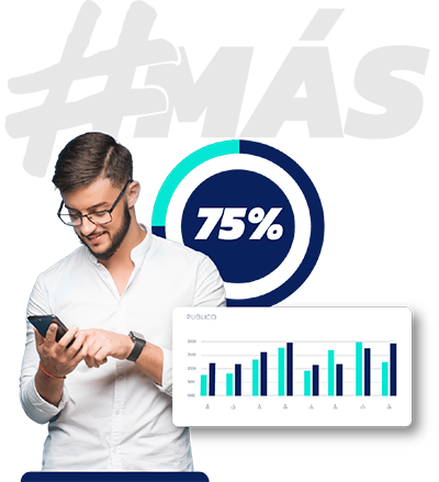 Un hombre mirando su teléfono con un gráfico que muestra un aumento del 75% en las ventas. (Traducción Española)