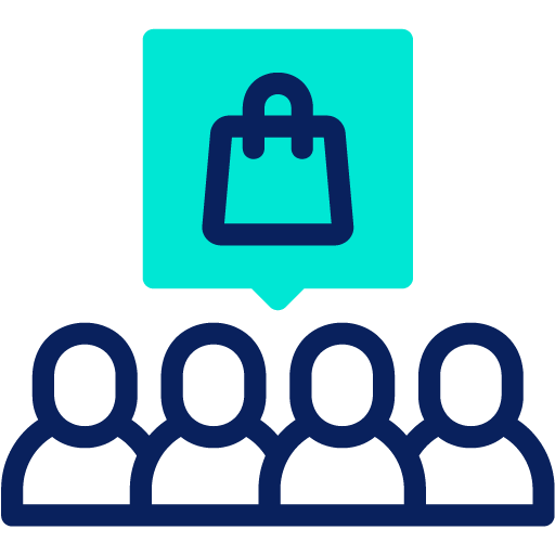 Cuatro personas ilustradas con un bocadillo encima que contiene un ícono de bolsa de compras, que representa el concepto de anuncios de Facebook.