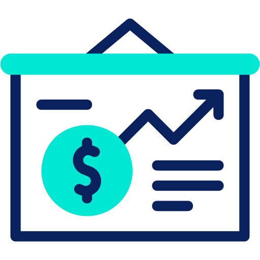 Ícono de un tablero de presentación con un gráfico ascendente, un signo de dólar dentro de un círculo y líneas que representan texto, ideal para mostrar el rendimiento de los anuncios de Facebook.