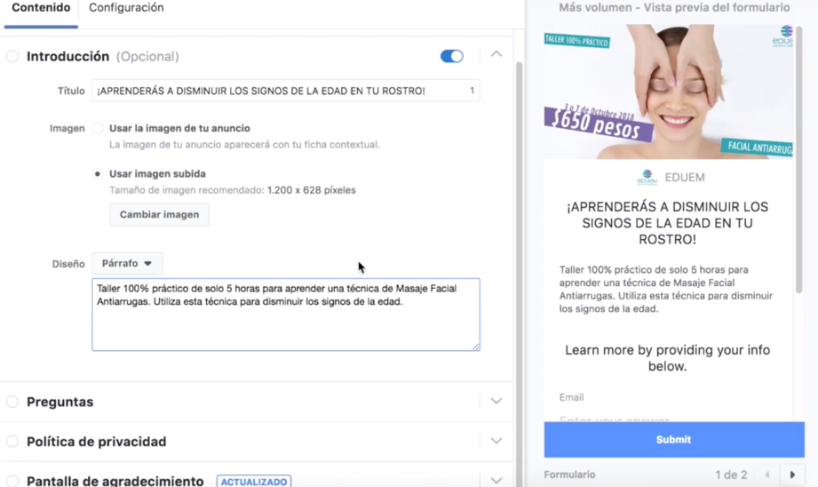 anuncios de Clientes Potenciales en Facebook ¡Ahora-empecemos-a-crear-nuestro-anuncio-de-clientes-potenciales-formulario-2