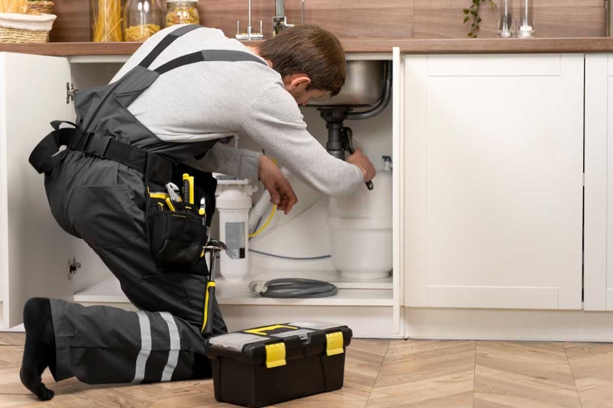 Un plomero reparando el fregadero en una cocina como parte de su estrategia de negocio de mantenimiento.