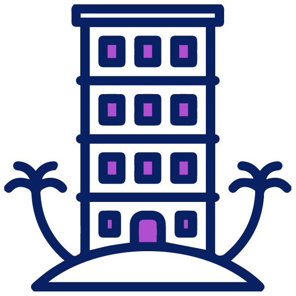 Ícono de un edificio alto de cuatro pisos con dos pequeñas palmeras a cada lado, ubicado sobre un montículo. El edificio tiene una puerta y múltiples ventanas, representadas con contornos azules y morados. Ideal para ilustrar anuncios de facebook o campañas de publicidad en Facebook, captura la esencia de la sofisticación urbana.