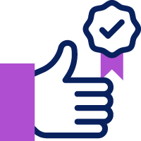 Ilustración de una mano morada levantando el pulgar con una marca de verificación en una burbuja de chat, que simboliza aprobación o acuerdo.