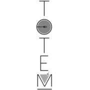 La palabra "TOTEM" está alineada verticalmente con cada letra colocada directamente debajo de la anterior. La 'O' contiene un diseño circular con un punto central y dos líneas que se cruzan.