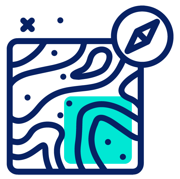Ícono estilizado de un mapa con líneas abstractas, puntos y un símbolo de brújula en la esquina superior derecha, ideal para ilustrar direcciones o funciones basadas en la ubicación para anuncios de Facebook.