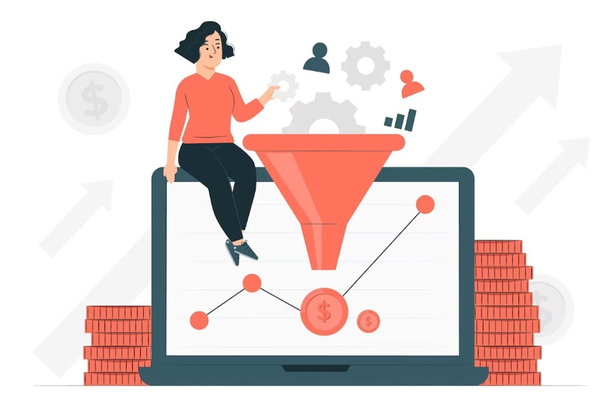 Una mujer que usa un embudo en una computadora portátil para las ventas de la página de destino.