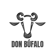 Logotipo de Don Búfalo que presenta una cabeza de búfalo estilizada encima del texto que dice "Don Búfalo". El diseño es en blanco y negro.