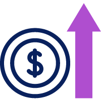 Ícono que representa un signo de dólar dentro de círculos concéntricos con una flecha rosa que apunta hacia arriba a la derecha, que simboliza el crecimiento o aumento financiero.