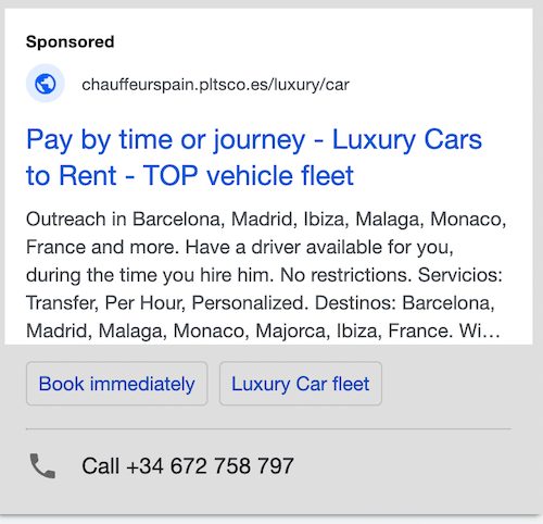 Un anuncio de Google para un alquiler de coches de lujo.