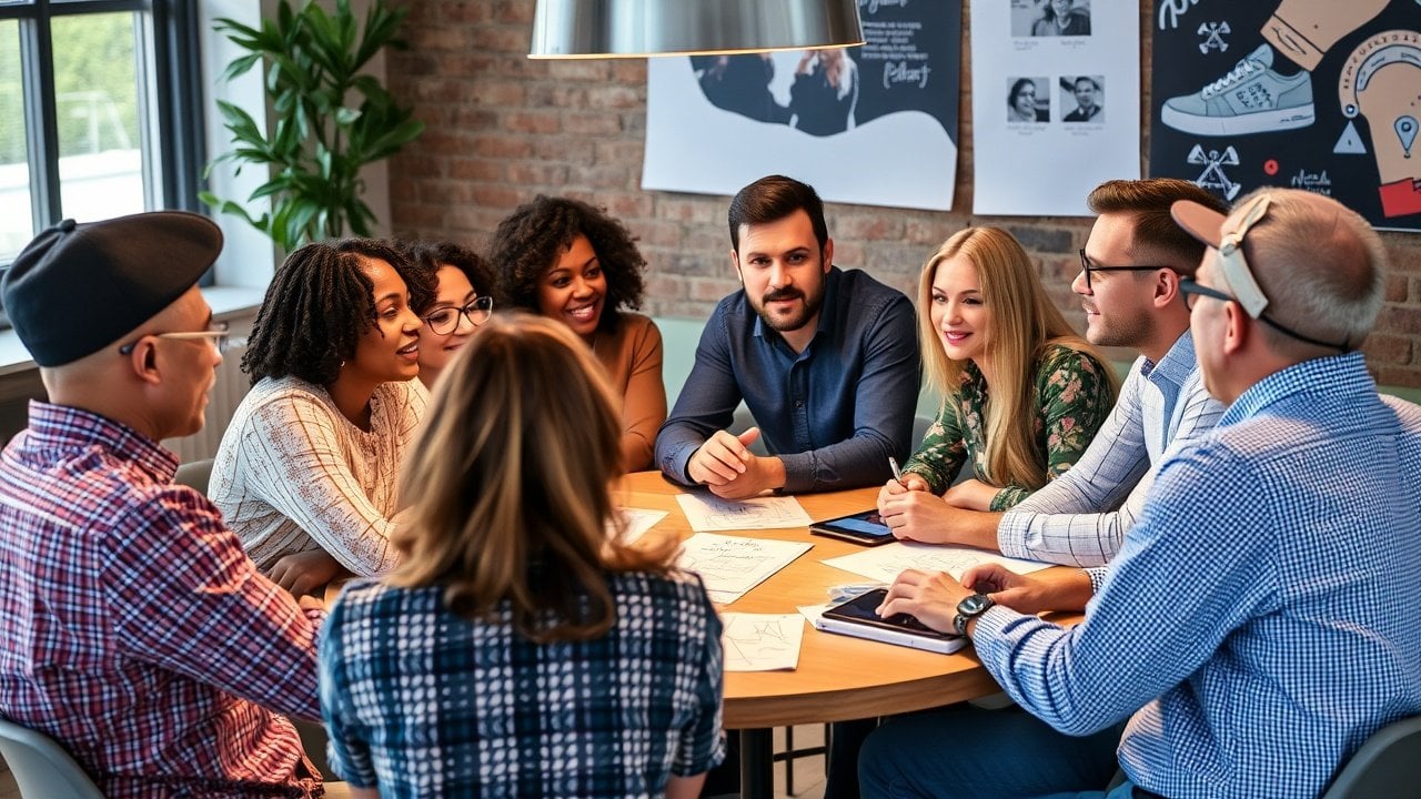 Un grupo de ocho personas se sientan alrededor de una mesa en una oficina, participando en una reunión o discusión en una agencia pauta digital, con papeles y cuadernos frente a ellos.