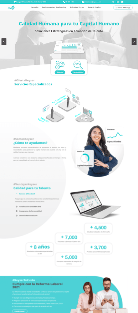 Un sitio web con un diseño en azul y blanco.