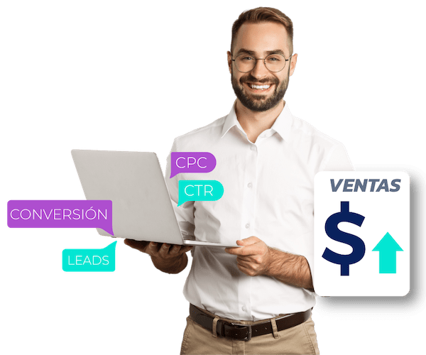 Un hombre sosteniendo una computadora portátil con las palabras "ventas" y "agencia de marketing".