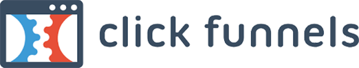 Logotipo de clickfunnels, que presenta una flecha abstracta estilizada en rojo, azul y blanco, sobre un fondo blanco con rayas grises verticales.