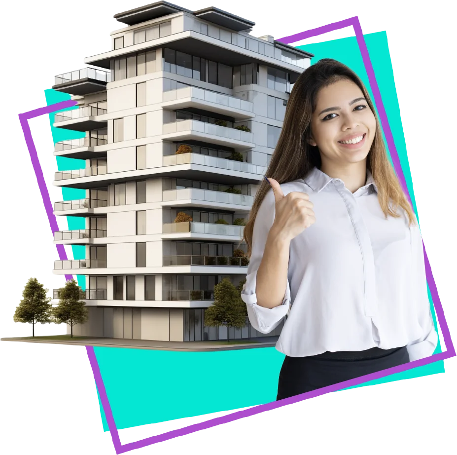 Una mujer sonriente hace un gesto con el pulgar hacia arriba mientras está parada frente a un moderno edificio de apartamentos de varios pisos, perfecto para su próxima campaña de anuncios en Facebook.
