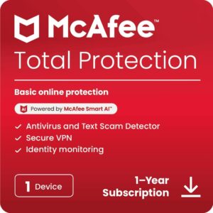 McAfee Total Protection 1-Device 2025 Ready | Security Software Includes Antivirus, Secure VPN, Password Manager, Identity Monitoring | Download