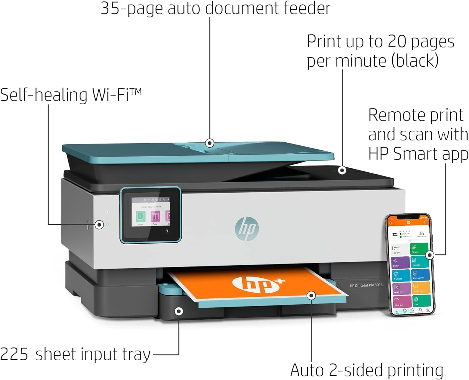 HP OfficeJet Pro 8028e All in One Wireless Printer Scanner Copier Fax Inkjet Print 2.7 Inch Touchscreen 2 Months of Instant Ink 2-Year HP Warranty 20 ppm Black 10 ppm Color Home Office Use (Renewed) - Image 3