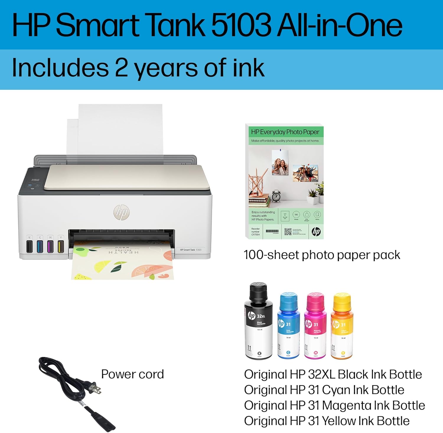 HP Smart Tank 5103 Wireless All-in-One Ink Tank Printer with 2 Years of Ink and 100sheets of Photo Paper Included, Print, scan, Copy, Best-for-Home, Refillable Ink Tank(5D1B2A) - Image 6