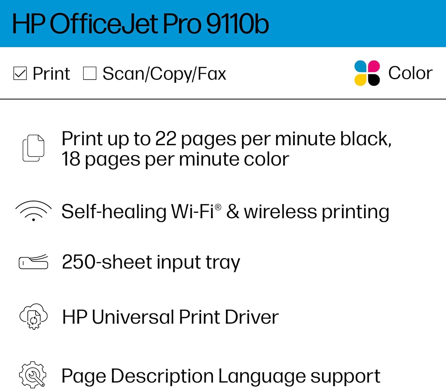 HP OfficeJet Pro 9110b Wireless Color Inkjet Printer, Print, Duplex Printing Best-for-Office (5A0S1A) - Image 2